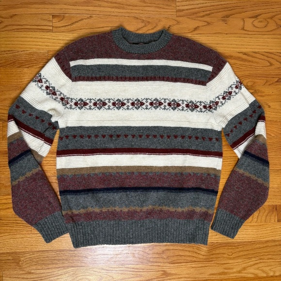 JANTZEN Vintage 90s Wool Blend Fair Isle Nordic Ski Stripe Crewneck Sweater USA - Picture 2 of 12
